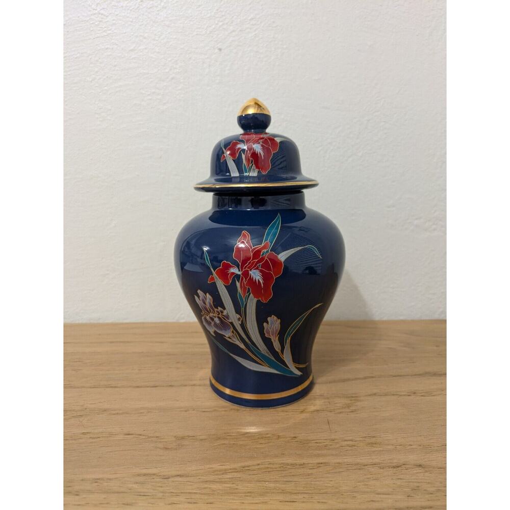Vintage Japan Vase with Lid Floral Blue & Gold Porcelain Fine China Decor